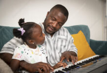 Father and daughter playing keyboard