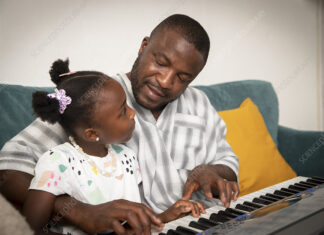 Father and daughter playing keyboard