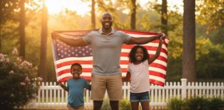 father holding the american flag
