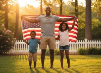 father holding the american flag