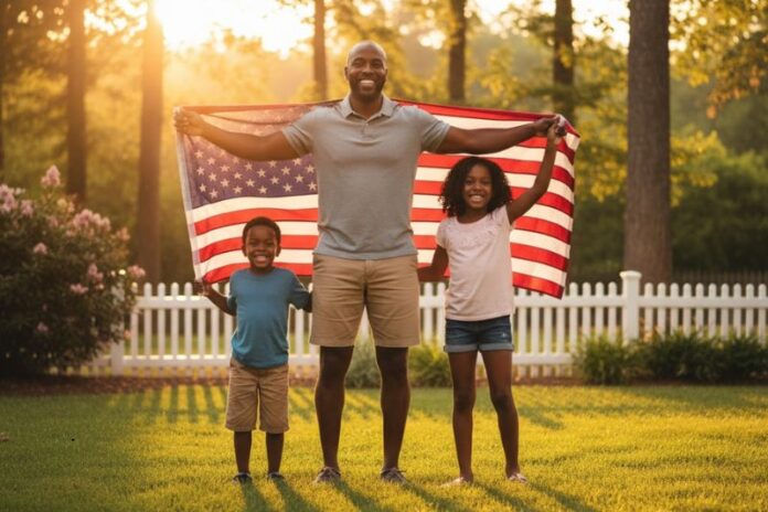 father holding the american flag