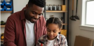 father teaching how to use simple tools