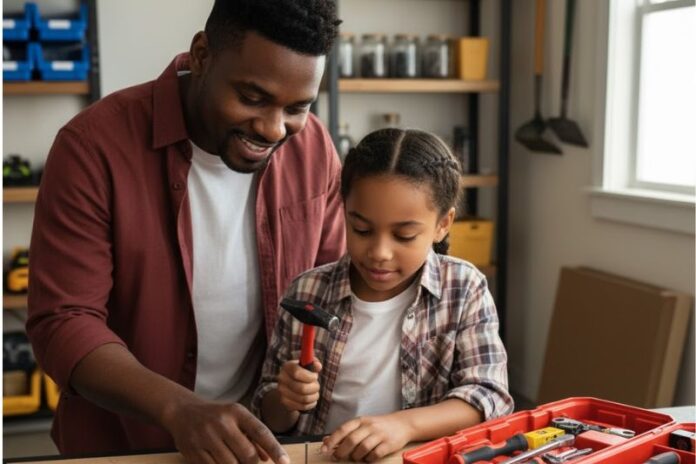 father teaching how to use simple tools
