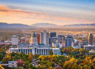 Salt Lake City, Utah, USA downtown city skyline at dawn.