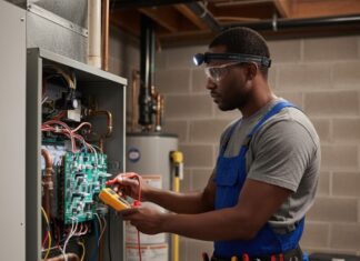 technician inspecting home heating unit