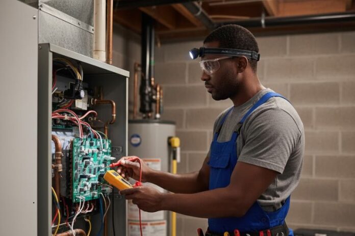 technician inspecting home heating unit